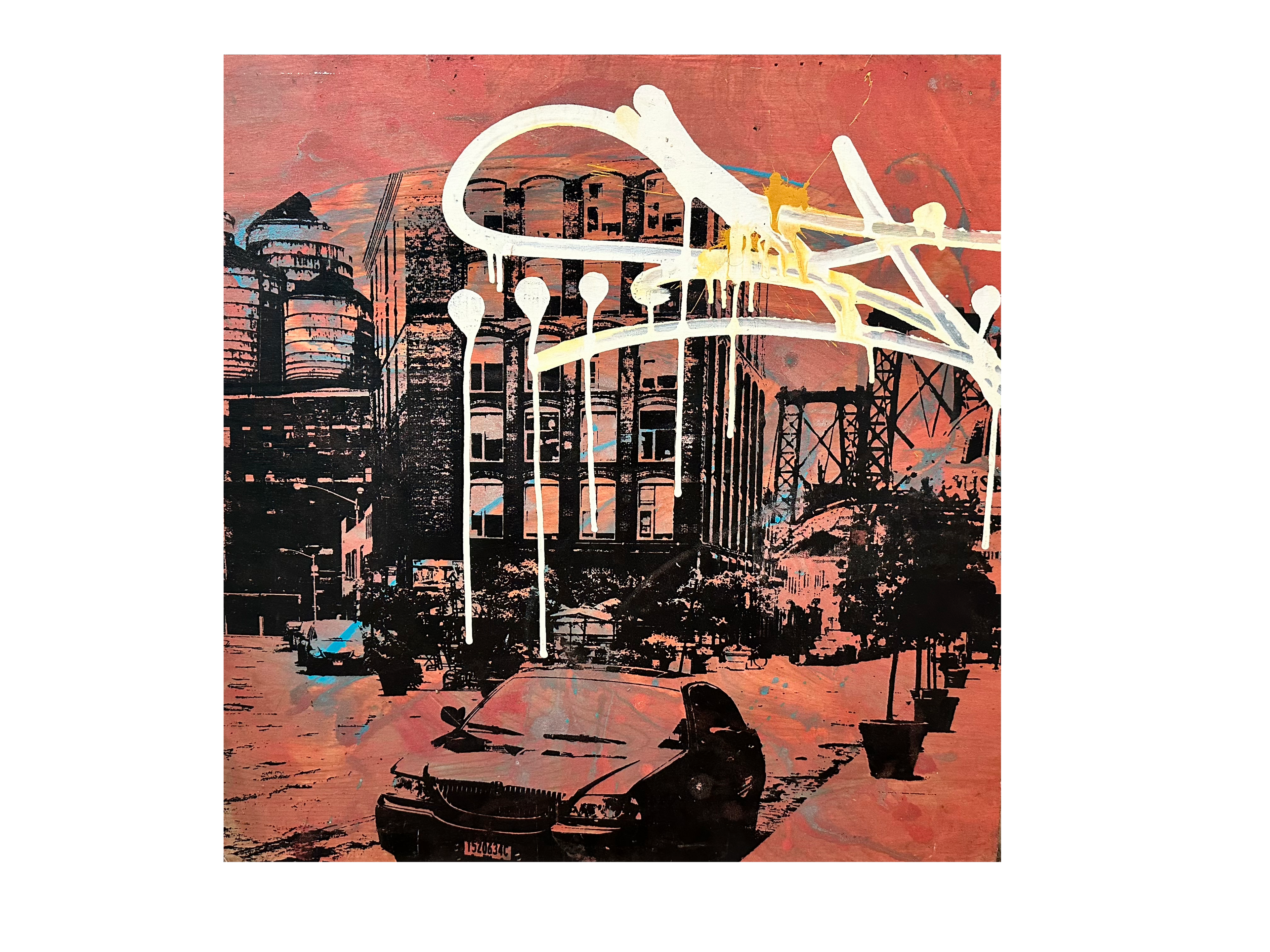 Abstract graffiti image of a NYC street with a red background and a NYC taxi at it's center