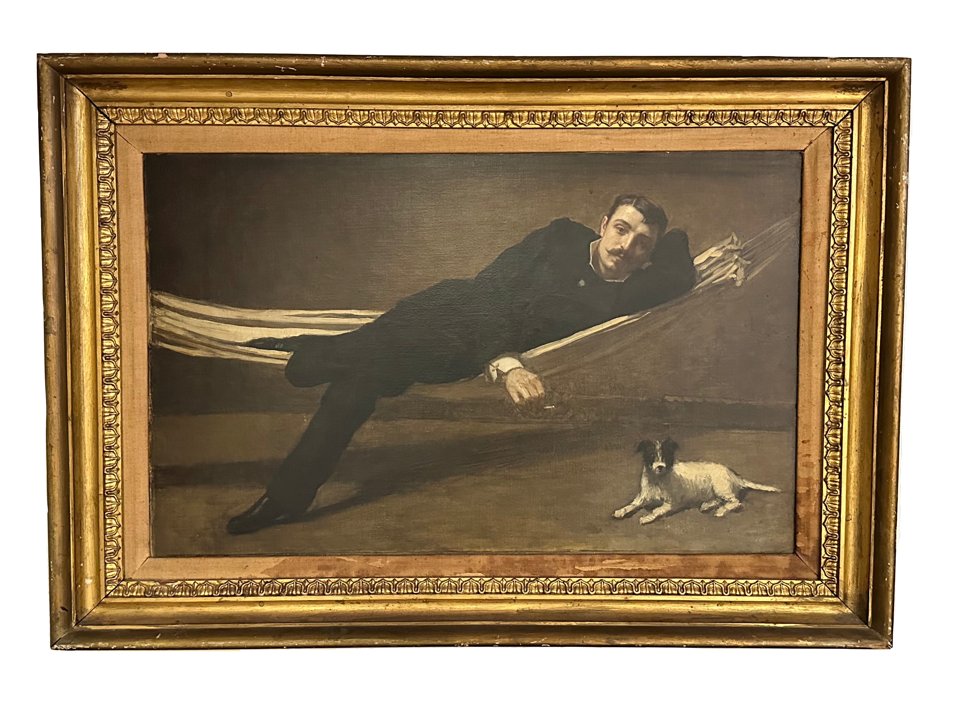 Framed artwork of a man lying on a hammock with a dog at his feet.