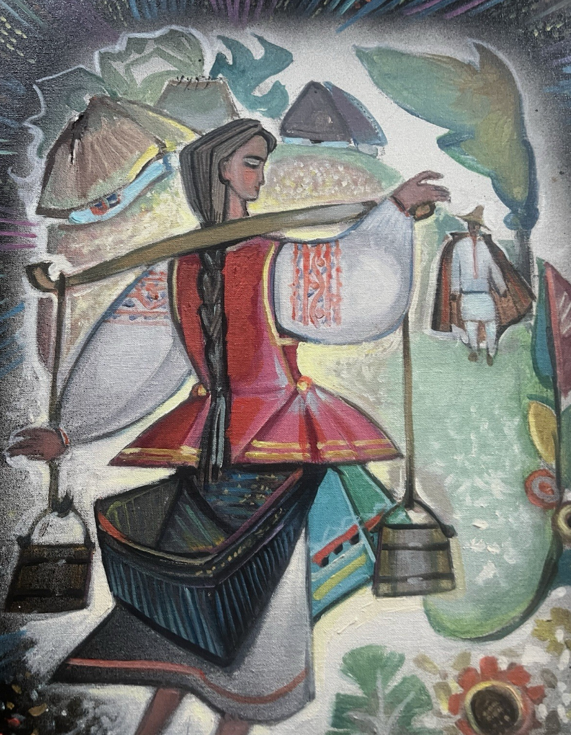 Mural of a person in traditional attire with a basket and lantern, surrounded by decorative elements.